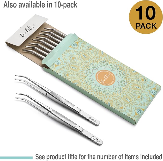 Beaditive 6-inch Sewing Machine Tweezers Set (10-PC) Serrated Bent Tips | Professional Grade, High Precision | Stainless Steel