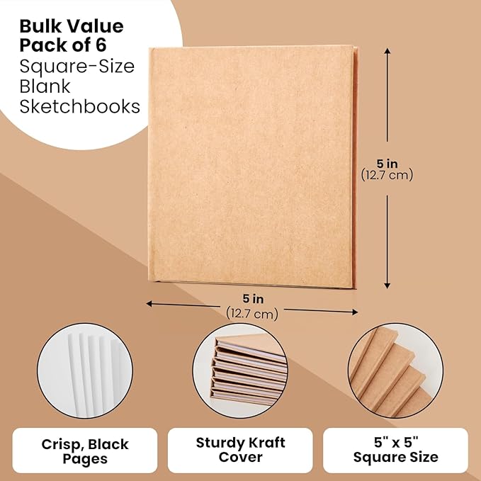 Kraft Hard Cover Blank Books for Kids 5x5 – 6 Pack of Unlined Journals with 36 Pages Each – Durable 120gsm Paper for Drawing, Sketching, Writing & Classroom Projects DIY Storybooks & Art Notebooks