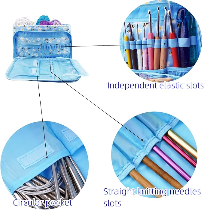 WAZAIGUR Indoor Outdoor Portable Yarn Storage Organizer for Crocheting Knitting Lovers Tote Large Capacity Knitting Project Bag, Blue