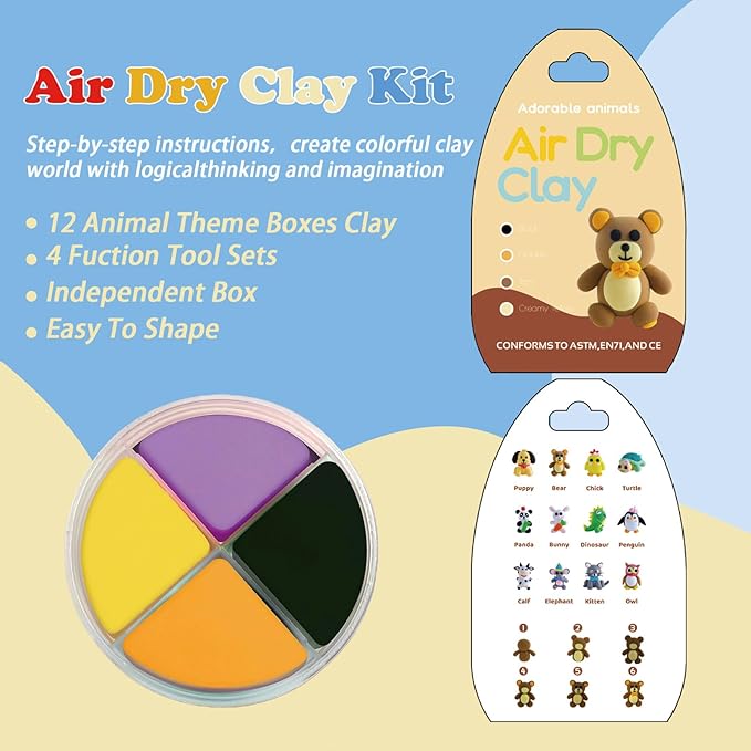 Air Dry Clay Kit - Animal Themed,12 Boxes Modeling Magic Soft Clay DIY Art Sculpting Supplies，Party Favors Birthday Christmas Gifts for Boys Girls (Animal)