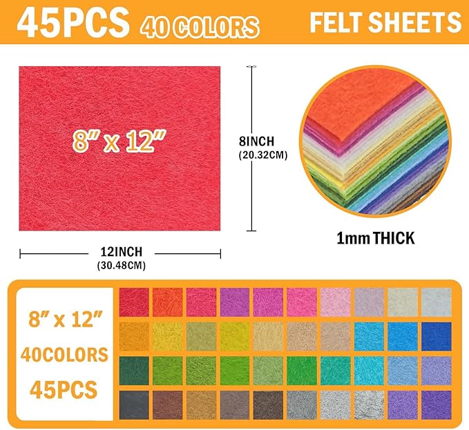 45PCS Felt Fabric Sheets Craft - 8"x 12" Assorted Colors - 1mm Thick Square Nonwoven Felt Fabric for Crafts DIY