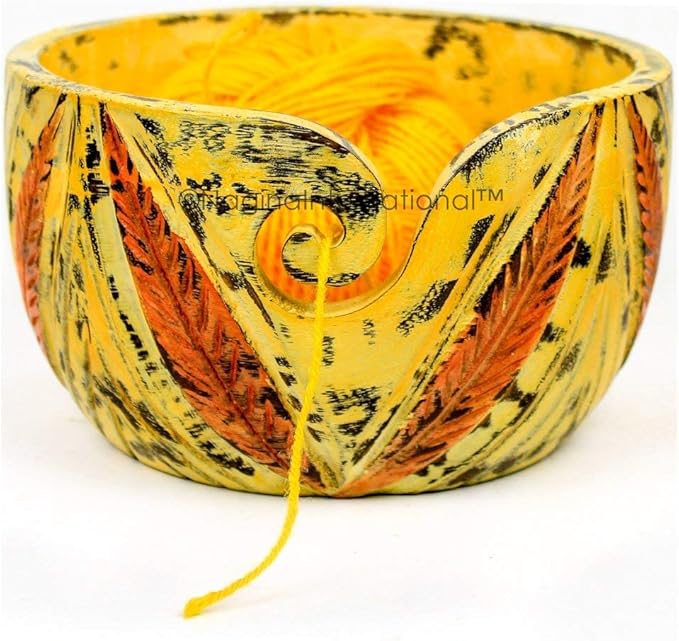Nagina International Exquisite Premium Yarn Ball Storage Bowls | Hand Painted Lovely Decor Yet Functional Yarn Dispenser (Large (7 x 4 x 7 Inches), Autumn Yellow)