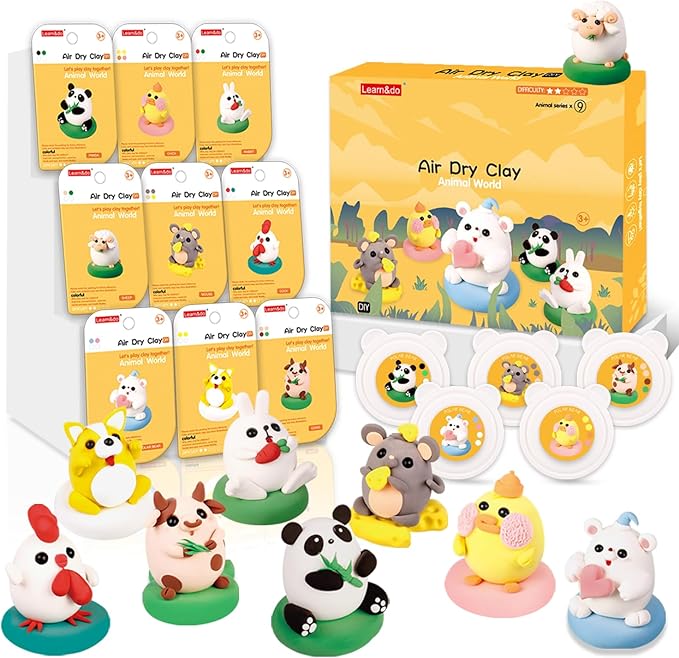 Air Dry Clay Kits: 9 DIY Animal Clay Kit for Kids 3+, Child-Safe Modeling with Guides, Creative Birthday & Chistmas Gifts for Boy & Girl