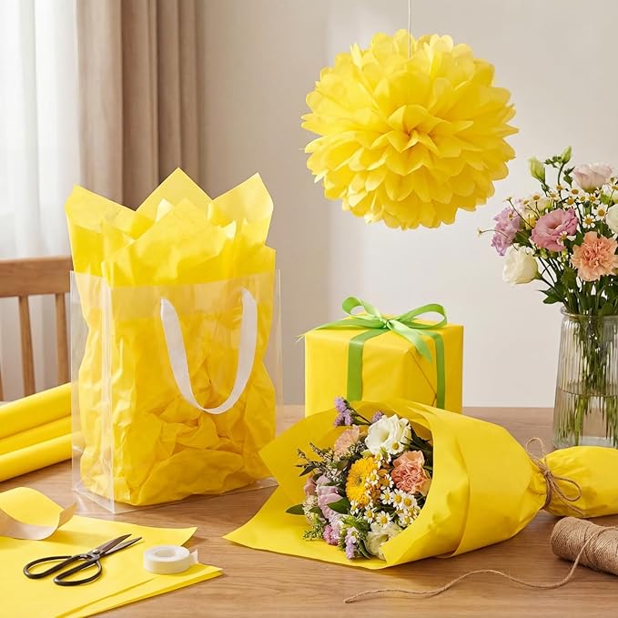Qilery 500 Sheets Yellow Tissue Paper Bulk for Gift Bags 15 x 20 Inch Acid Free Packaging Wrapping Paper Sheets for Mardi Gras Easter Party Decoration DIY Craft, Bouquet, Pastry, Wedding