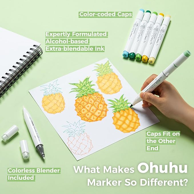 Ohuhu Alcohol Markers Brush Tip - 120-color AP Certificated Double Tipped Art Marker Set for Artist Adults Cozy Coloring Drawing Illustration - Brush and Fine Dual Tips - Honolulu B - Refillable