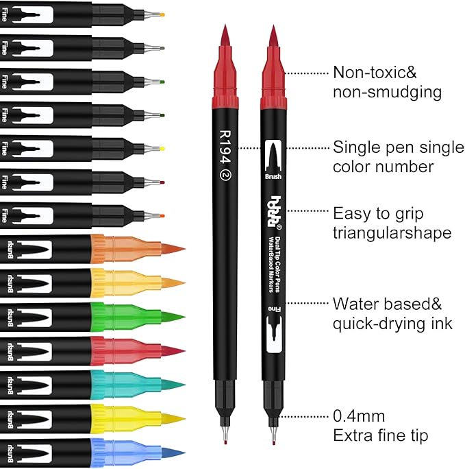 hhhouu 150 Colors Dual Tip Brush Pens Art Markers Set, Fine Tip Markers for Adult Coloring, Bullet Journals, Drawing, Lettering Calligraphy HO-150B