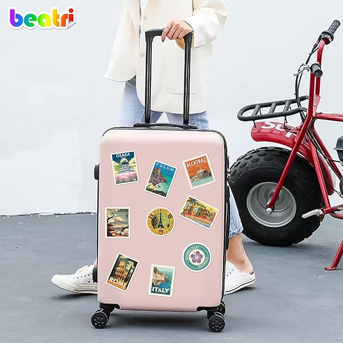 BEATRI World Travel Stickers 50Pcs Waterproof Vinyl Travel Map Stickers for Suitcase, Bicycle, Laptop, Water Bottle, Journaling & Travel Gear | Non-Repeating Decals, High-Definition Print