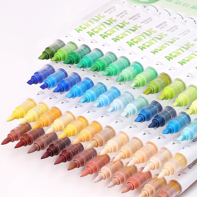 Kander 12 Colors Dual Tip Acrylic Paint Markers, Gray and Black Color — Extra Fine & Soft Brush Pen Set with Direct Ink Flow for Sketching, Detailing, Coloring on Wood, Canvas, Rock, Glass, DIY Crafts