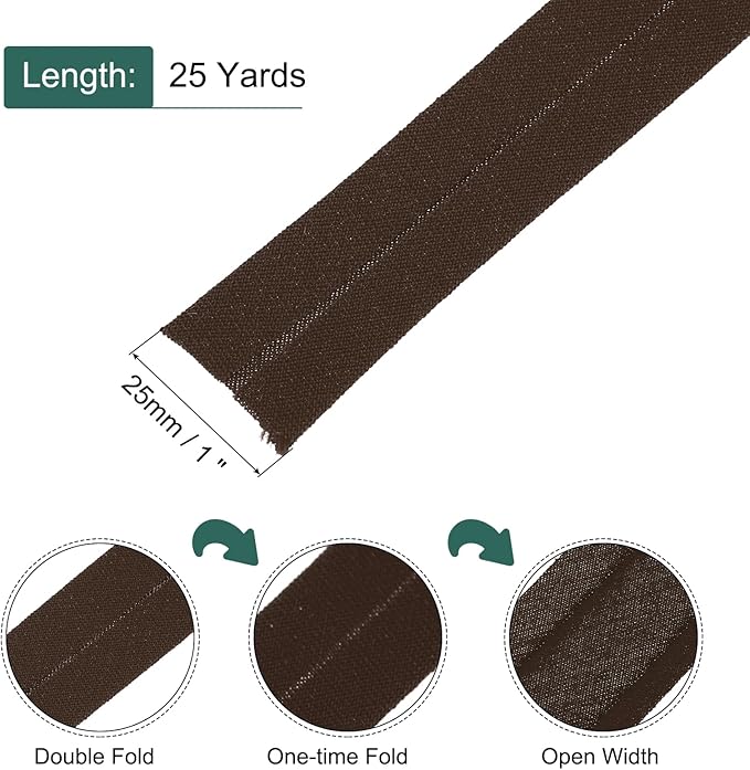 MECCANIXITY 1 Inch Single Fold Bias Tape Cotton Continuous Bulk Bias Tape for Sewing,Seaming Quilting Hemming Binding Crafts (Brown 25 Yards)