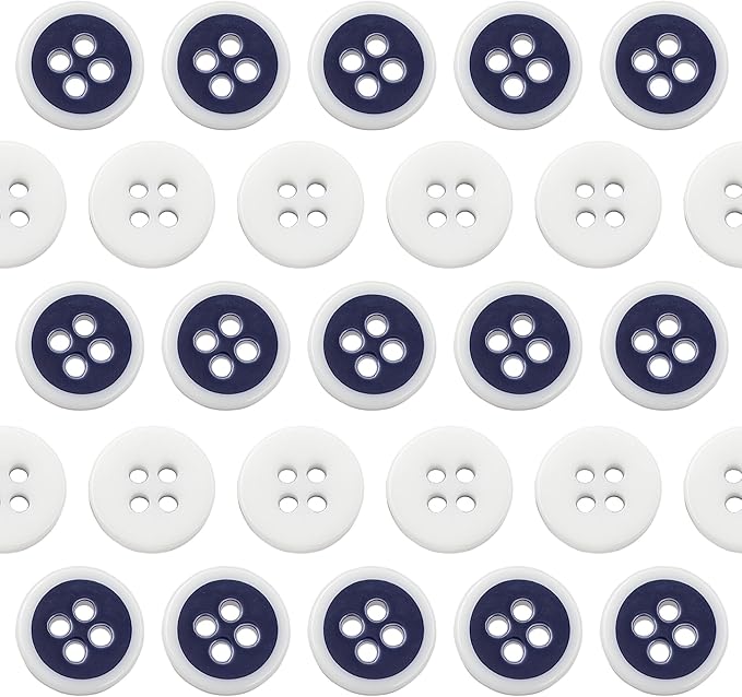 100 Pcs White and Navy Buttons for Sewing 0.5 inch 4-Hole Round Buttons for Uniform 16L Navy Plastic Glossy 10mm Ideal for Workwear School Chef Aprons Pants Jacket Bags Accessories Craft DIY