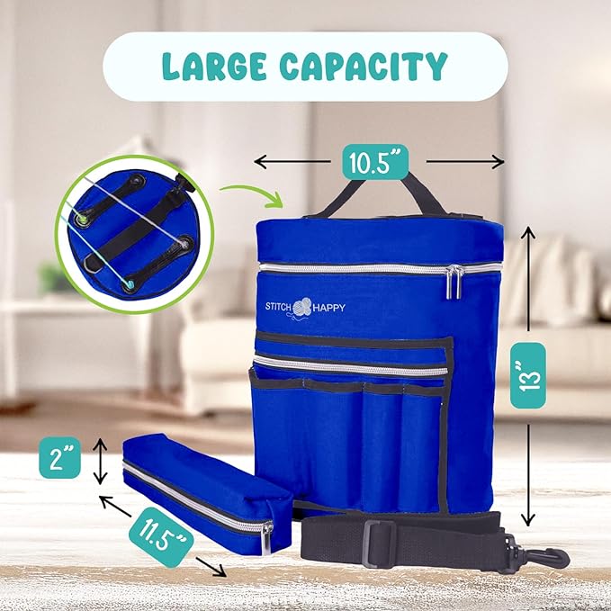 Stitch Happy Knitting Bag (Cobalt): 7 Pocket Yarn Bag, Knitting Tote, Yarn Storage, Crochet Storage