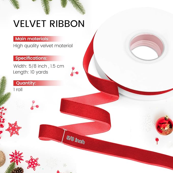 Red Velvet Ribbon, 5/8 inch 10 Yards Vintage Velvet Ribbons Perfect for Christmas Tree Ornaments, Gift Wrapping, Wedding Decoration, Bows, Sewing, Crafts, Wreath and More
