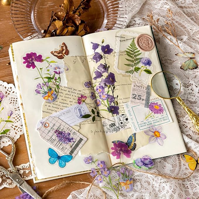 100-Piece Purple Wildflower Plant Sticker Pack - Floral Watercolor Clear Flower Stickers for Scrapbooking, Journaling, Resin Crafts, and Decorations