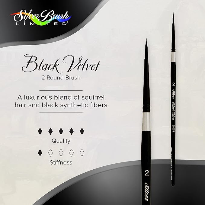 Silver Brush Limited 3000S-2 Black Velvet Round Paintbrush for Watercolor, Gouache, Inks, & Dyes, Size 2, Short Handle