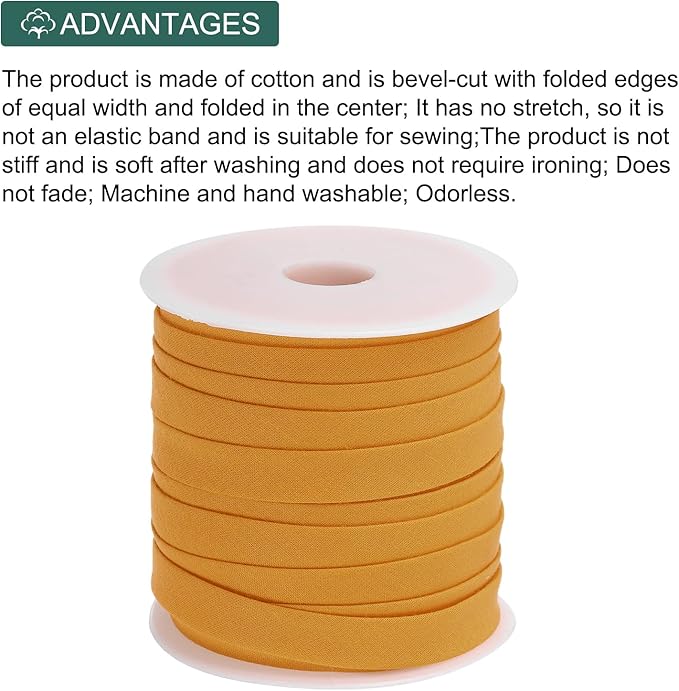 MECCANIXITY 2/5 Inch Double Fold Bias Tape Continuous Bulk Bias Tape for Sewing, Seaming Quilting Hemming Binding Crafts (Dark Yellow 25 Yards)