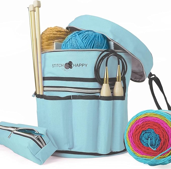 Stitch Happy Knitting Bag, Angel Blue: 7 Pocket Yarn Bag, Knitting Tote, Yarn Storage, Crochet Tote…