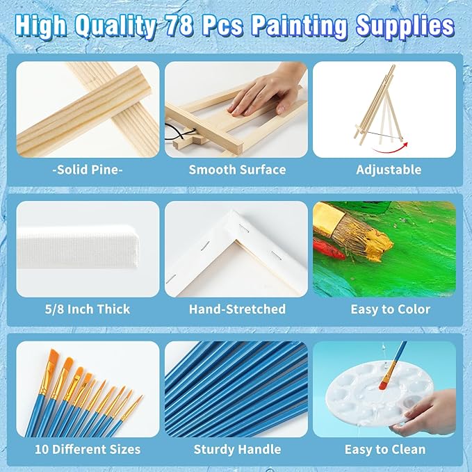 78 Pcs Painting Supplies-6*(16" Easels+11"x14"Stretched Canvases)+60 Brushes+6 Palettes,Paint Set for Paint Parties,Sip and Paint,Couples Painting Kits for Adults, Kids,Students,Artists,Beginner
