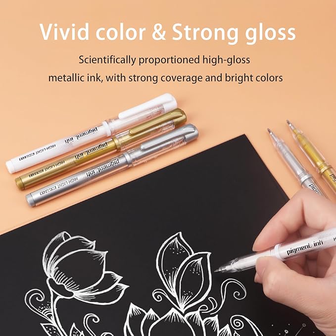 Gold Silver White Ink Gel Pens, 1mm Medium Fine Point, Opaque archival Ink Pen for Dark Paper Drawing,Sketching, Illustration, Card Making, Bullet Journaling (Assorted Color- 3 Packs)