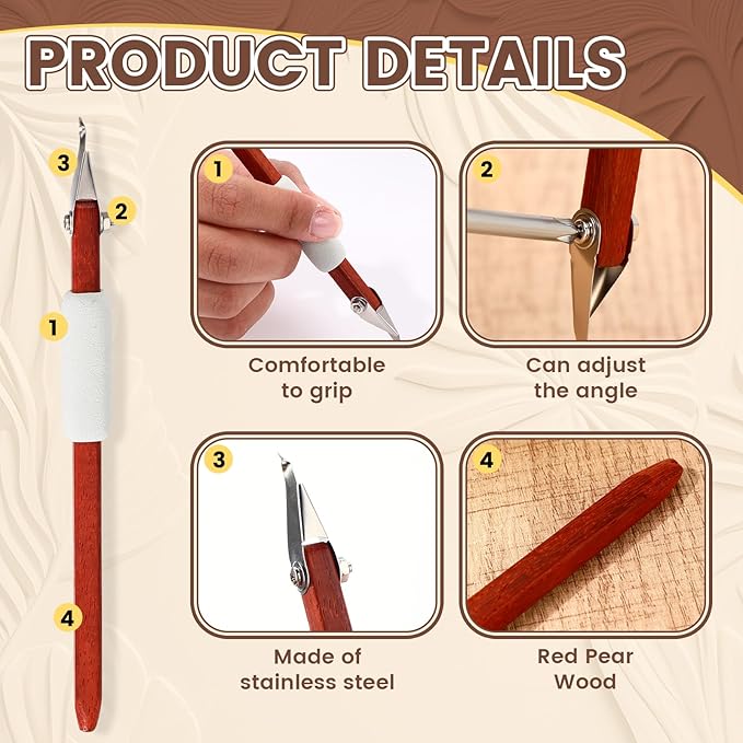 Lanties Pottery Carving Tools Set Include 5 Stainless Steel Blades & Red Pear Wood Handle, Sculpture Scraper Craft Modelling Tools for Clay, Ceramic Sculpting, Graffito, Relief Art(Fine Tip)