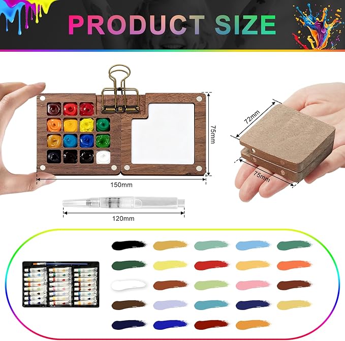 Mini Watercolor Travel Set - Professional Pocket Watercolor Palette with Vibrant Colors, Includes Wooden Palette, Sketchbook & Pen, Portable Art Supplies for Adult Artists & Travel Journaling