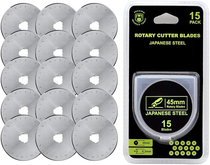 HEADLEY TOOLS 45mm Rotary Cutter Blades 15 Pack Fits Olfa, Fiskars, Replacement Rotary Blade for Arts Crafts Quilting Scrapbooking Sewing, Sharp and Durable