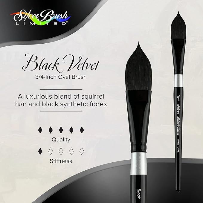 Silver Brush Limited 3009S-3/4 Black Velvet Oval Wash Paintbrush for Watercolor, Gouache, Inks, & Dyes, Size 3/4 Inch, Short Handle