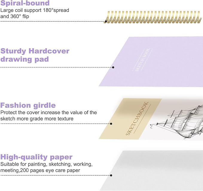 Yoment 5.5" x 8.5" Sketch Book, Small Sketchbook for Drawing, 100 Sheets(68 lb/100gsm) Hardcover Spiral Sketch Pad for Kids with Pencil Art Sketchbook Drawing Paper Pad Book for Adults Artists,Purple