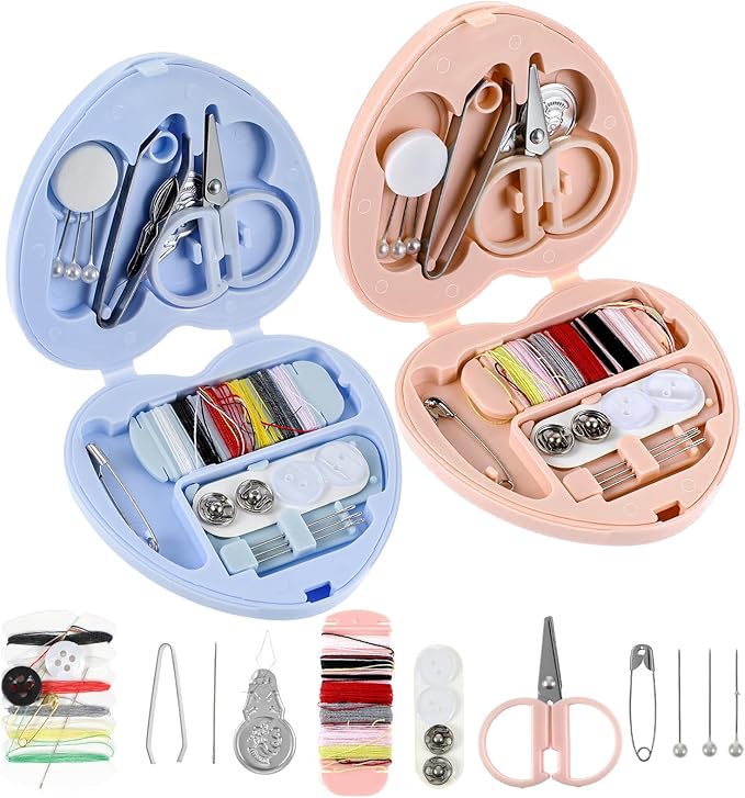 Grevosea 2 Pack Mini Travel Sewing Kit, Heart Shaped Portable Travel Sewing Kit, DIY Sew Supplies with Threads Scissors Needles Emergency Repair for Women Mom Traveler Adults Beginner
