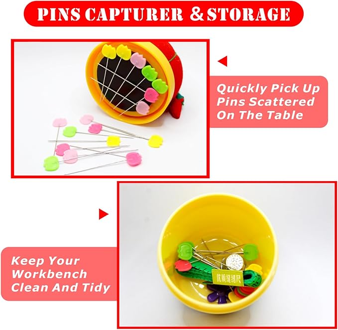 Tomatoes Pin Cushion Sewing Tool Set with Magnetic Storage, Including 50 Cute Flowers Needles, Threader, Thimble ＆Tape Measure, Pin Holder for Sewing DesksApplique & Patchwork Crafter