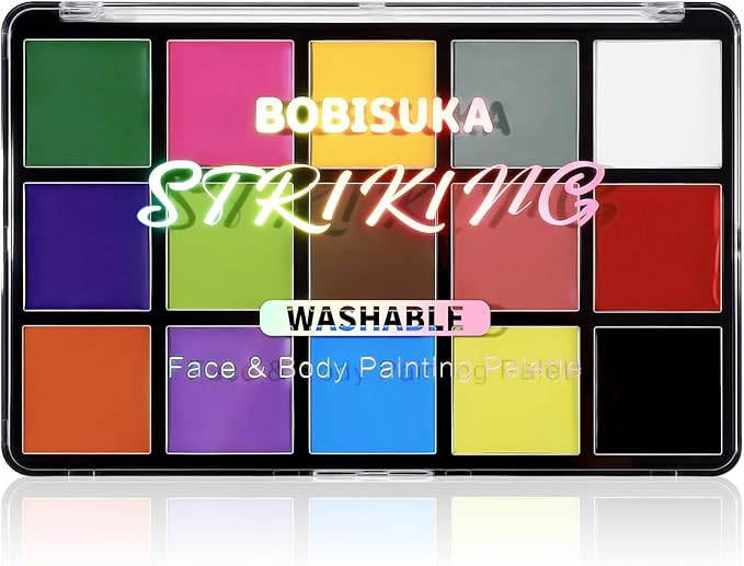 BOBISUKA Face Body Paint, 15 Color Professional Face Painting Palette for Art Theater Halloween Party Cosplay Clown Sfx Makeup for Women Adults, Non-Toxic Washable