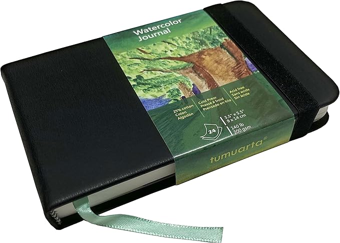 tumuarta Watercolor Journal, 3.5x5.5”, 140 LB, 300 GSM, Cotton Paper, Cold Press, 24 Sheets, 48 Pages, Watercolor Paper Sketchbooks for Use As Travel Notebook Mixed Media Pad On The Go