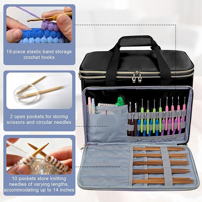Anitor Large Crochet Bag Knitting Bag Yarn Storage Tote, Yarn Bag with Clear Top Lid, Unfinished Project Compartment, 6 Yarn Holes. Holds Knitting Needles, Crochet Hooks, Yarn, Black, (Bag Only)