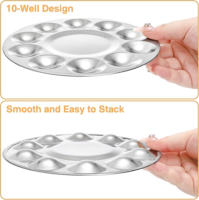10 Pack Paint Tray Palettes, 6.7" Metal Paint Mixing Pallets, 10-Well Painting Palette, Washable Round Paint Holder Tray for DIY Craft Professional Watercolor Oil Art Painting Project, Silver
