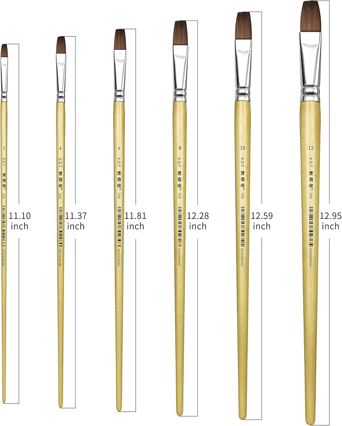 XDT#166B Bright Artist Paint Brush 6 Piece Set, Red Sable Flat Paint Brushes for Watercolor, Acrylic, Oil and Canvas Painting