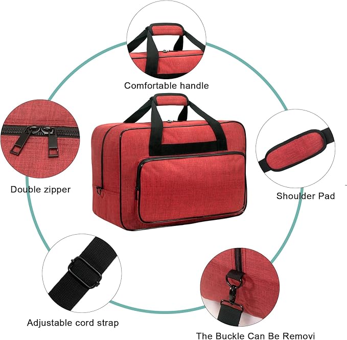Sewing Machine Carrying Case, Sewing Machine Carrying Case Tote Bag, Universal Tote Storage Bag with Pockets and Handles, Suitable for Most Standard Singer (RED)