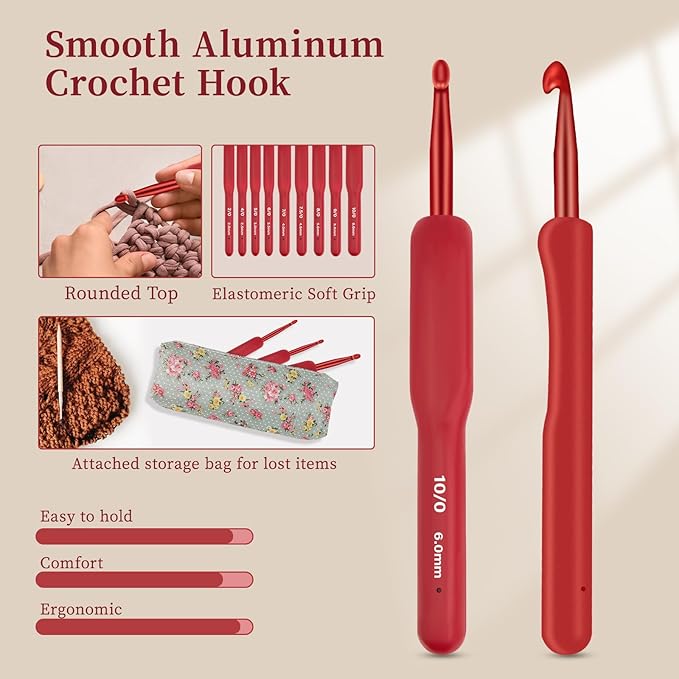 CLYAIYLC 30 Pcs Crochet Hook Set, Red 2-6mm Crochet Hook Ergonomically Designed for Arthritis Hands, Equipped with Knitted Crochet Supplies and Storage Bag, Suitable for Crochet Beginners/Enthusiasts