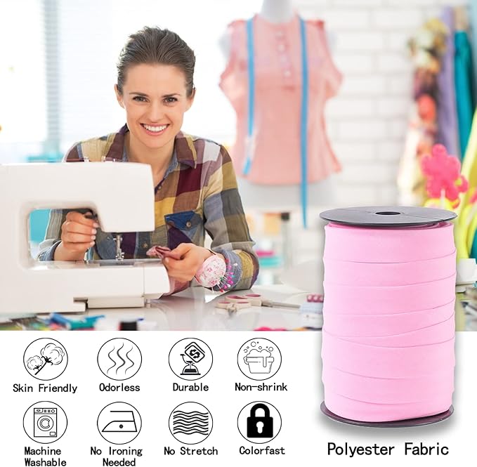 Bias Tape Double Fold 1 inch, Double Fold Bias Binding Tape 55 Yards (Pink) and 4 Pieces Sewing Fabric Chalks for Crafts, Sewing, Seaming, Hemming, Piping, Quilting.