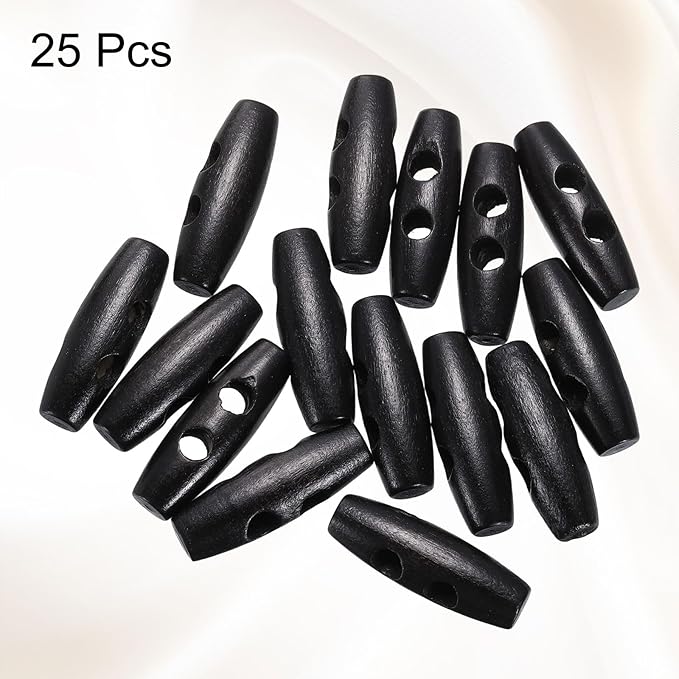 HARFINGTON 25pcs Wooden Toggle Buttons 30mm / 1.2" Double Hole Wood Olive Horn Sewing Buttons for Coat Sweaters Clothing DIY Craft, Black