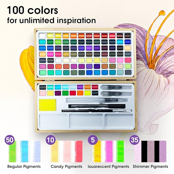 Watercolor Paint Set,100 Colors in Nature Bamboo Box,Portable Water Colors Kit with Papers and Brush Pens,Great for Kids Adults Beginners & Professionals（bamboo）