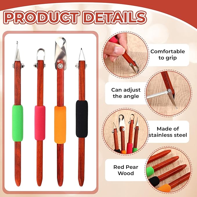 Lanties 4 Pcs Pottery Carving Tool Set Sculpture Scraper Craft Modelling Tools Red Pear Wood Texture Handle with Stainless Steel Blade for Clay Carving, Ceramic Sculpting, Graffito (Novel Color)