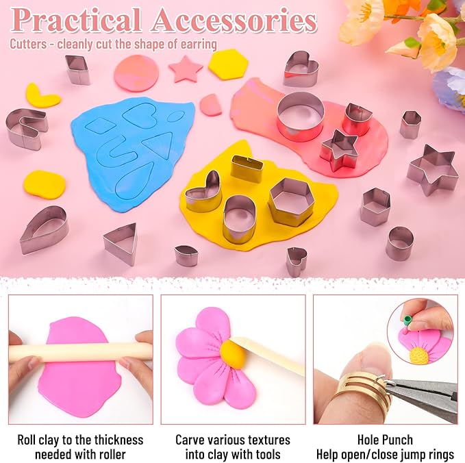 Polymer Clay Earring Making Kit- 30 Clay Earring Cutters, 24 Color Polymer Clay, 8 Circle Cutters, Rollers, B7000 Glue, 640 PCS Earrings Making Tools Accessories for Jewelry DIY (Instructions Include)