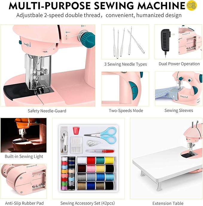 Magicfly Mini Sewing Machine with Extension Table, Dual Speed Portable Sewing Machine for Beginners with Light, Sewing Kit for Household Use, Pink
