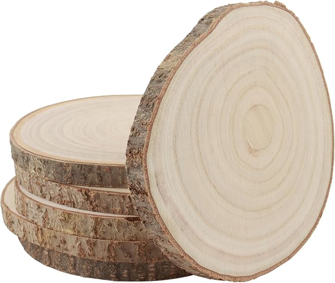KINJOEK 6PCS 9-10 Inch Large Natural Wood Slices with Bark, Unfinished Wooden Table Coasters Circles, Blank Round Wood Ornaments Slice Bulk for Centerpieces DIY Craft Wedding Party Christmas Decor