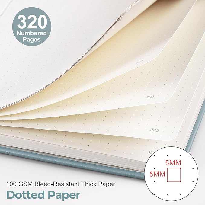 EMSHOI Bullet Dotted Journal Notebook - 320 Pages, 100gsm Thick Paper, A5 Hardcover Leather, Dot Grid Notebook for Women Men Work Writing, Bullet Journaling, Drawing, 5.75 x 8.38, GrayBlue