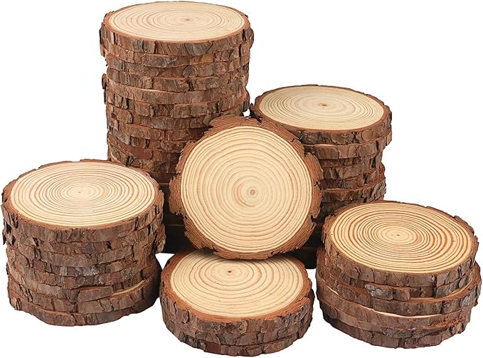 50 PCS 4-4.7 Inch Natural Wood Slices, Unfinished Pine Wood Circles with Barks for Coasters, DIY Crafts, Christmas Rustic Wedding Ornaments and Centerpieces,by GNIEMCKIN.