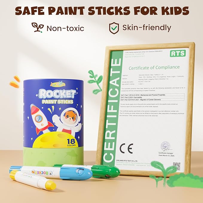 JUPITEARTH 18 Colors Rocket Tempera Paint Sticks with 120 PDF Coloring Pages, Quick Drying, Non-Toxic and Washable Paint Sticks for Kids and Students, Art Supplies for Drawing on Paper and Canvas