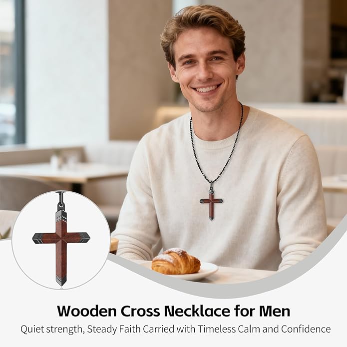 Wooden Cross Necklace for Men and Women 304L Stainless Steel Durable Snag-Free Box Chain with Reinforced Clasp Christian Jewelry Gift for Dad/Son/Husband/Loves/Friends