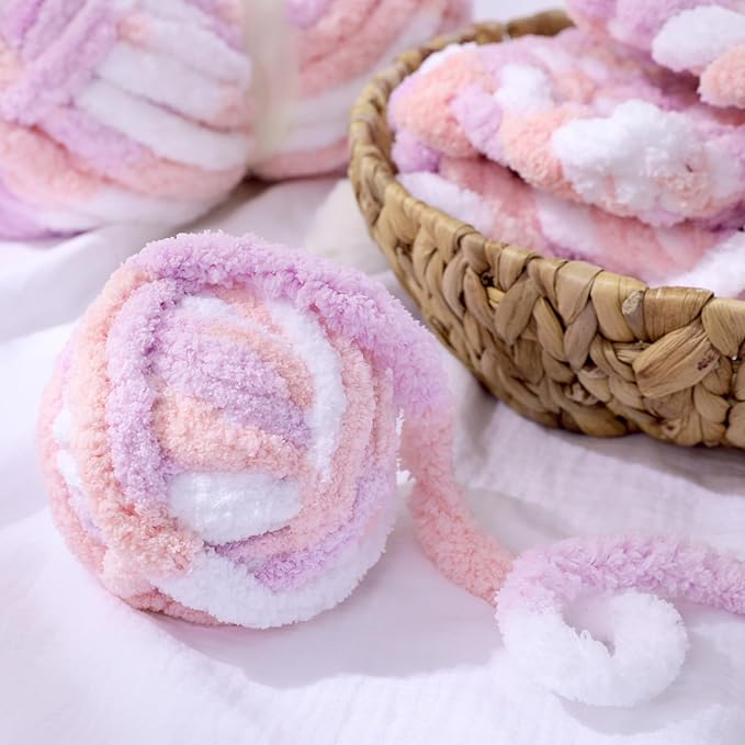 HOMBYS Pink,Purple,White Chunky Chenille Yarn for Hand Knitting,Fluffy Soft Jumbo Yarn Crocheting,Super Bulky Big Yarn for Chunky Blanket,Large Thick Arm Knitting Yarn,8 Pack Plush Yarn