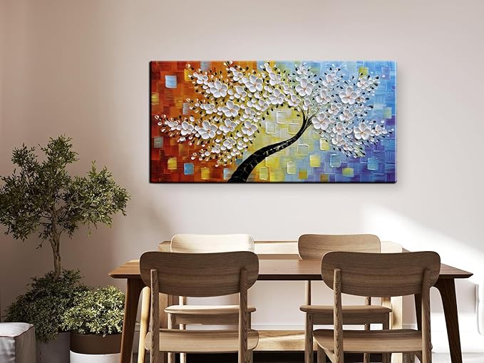 YaSheng Art -hand painted White Flowers Paintings Oil Painting On Canvas Abstract Texture Palette Knife Tree Paintings Modern Home living room Bedroom Dining Room Wall Decor Ready to hang 20x40inch
