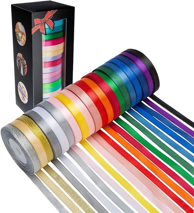 20 Colors 300 Yard Satin Ribbon -18 Silk Ribbon Rolls & 2 Glitter Metallic Ribbon Rolls, 2/5" Wide 15 Yard/Roll, Ribbons Perfect for Crafts, Hair Bows, Gift Wrapping, Wedding Party Decoration and More